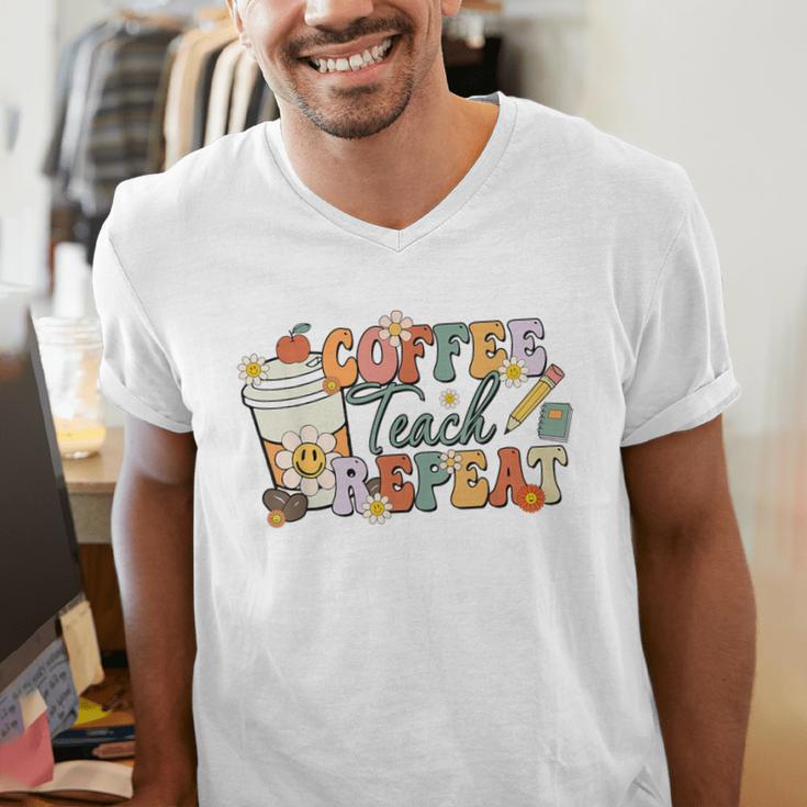 Retro Grovvy Coffee Teach Repeat Teacher Men's V-Neck T-Shirt, funny gift Retro Grovvy Coffee Teach Repeat Teacher Men's V-Neck T-Shirt, funny gift