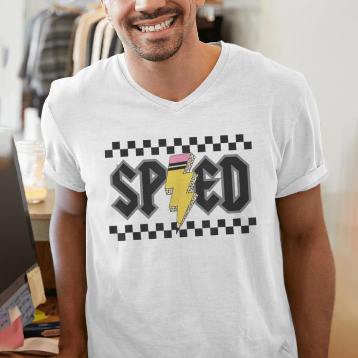 Retro SPED Teacher Pencil Lightning Bolt Back To School Men's V-Neck T-Shirt, funny gift Retro SPED Teacher Pencil Lightning Bolt Back To School Men's V-Neck T-Shirt, funny gift