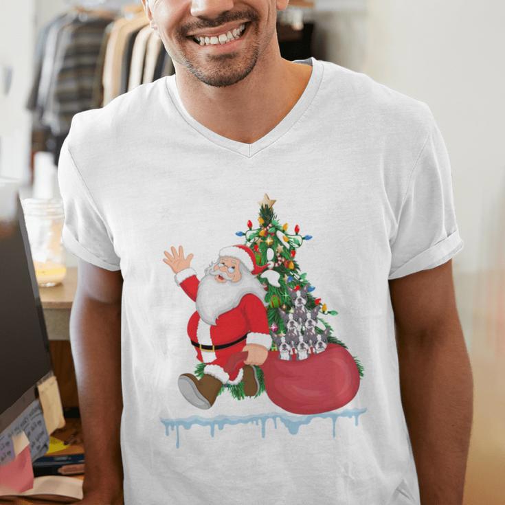 Santa Ugly Christmas Tree Lights Boston Terrier Dog Lover Men's V-Neck T-Shirt, Boston Terrier Christmas Shirts, funny gift