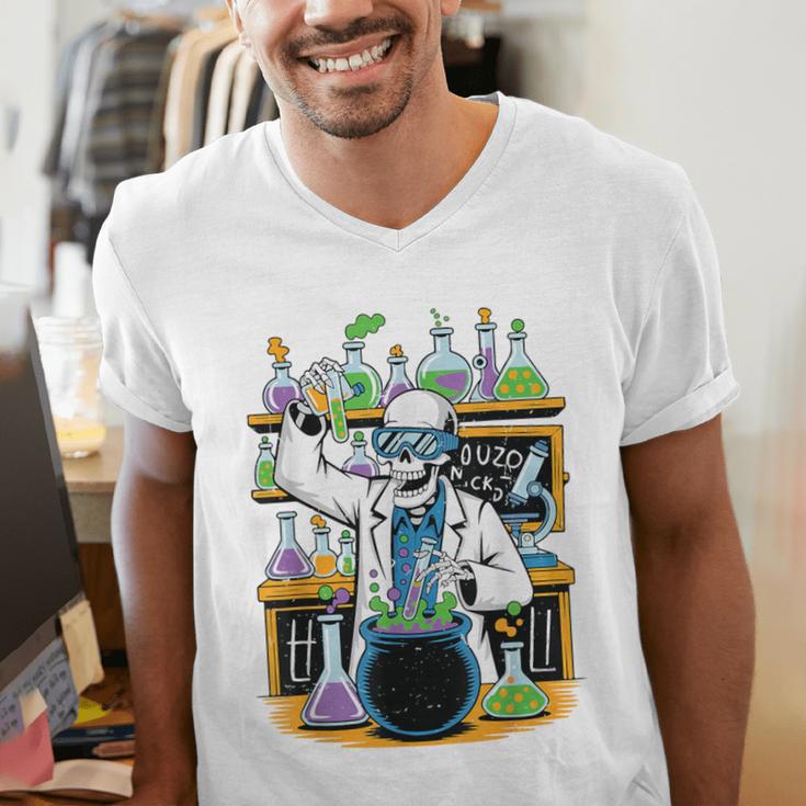 Skeleton Mad Scientist Halloween Costume Science Teacher Men's V-Neck T-Shirt, Science Teacher Shirts, funny gift