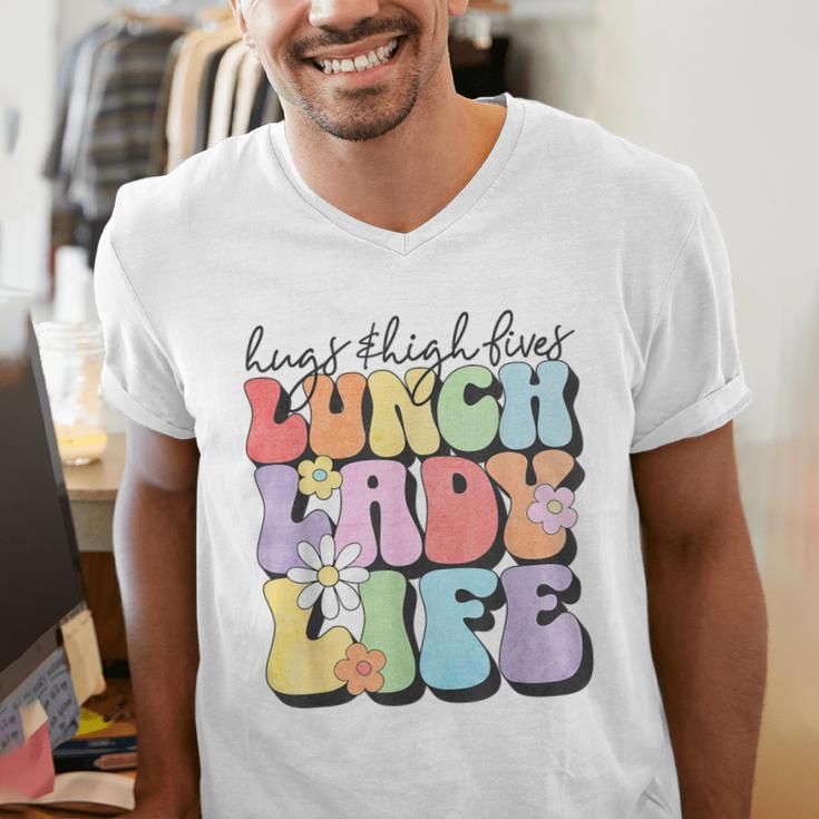 Soul Bleach Teacher Staff First Day Of School Last Hugs & High Fives Lunch Lady Vibes Blue Classic Fit Men's V-Neck T-Shirt, funny gift Soul Bleach Teacher Staff First Day Of School Last Hugs & High Fives Lunch Lady Vibes Blue Classic Fit Men's V-Neck T-Shirt, funny gift