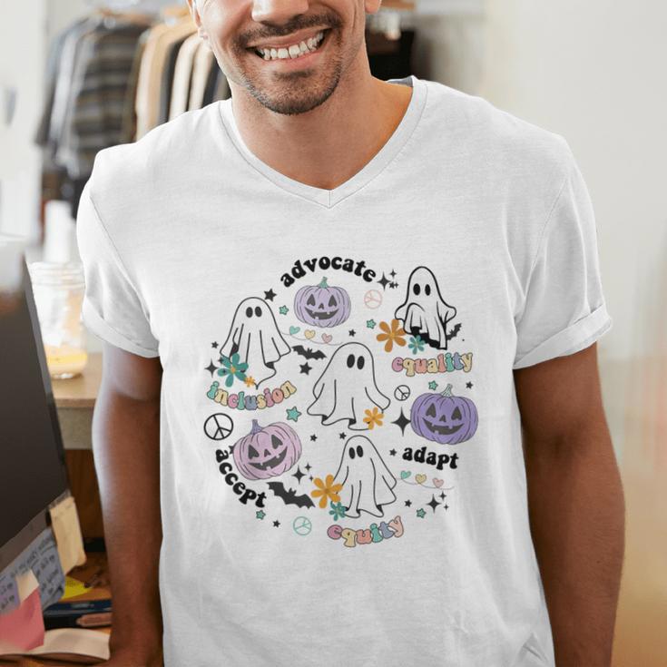 Special Education Teacher Halloween Pumpkin Ghost Inclusion Men's V-Neck T-Shirt, funny gift