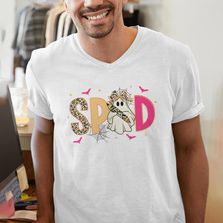 Sped Teacher Halloween Ghost Special Education Preppy Fall Men's V-Neck T-Shirt, funny gift Sped Teacher Halloween Ghost Special Education Preppy Fall Men's V-Neck T-Shirt, funny gift