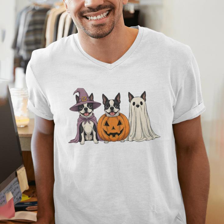 Spooky Ghost Boston Terrier Pumpkin Halloween Dog Lover Men's V-Neck T-Shirt, Boston Terrier Halloween Shirts, Boston Terrier Ghost Shirts, funny gift