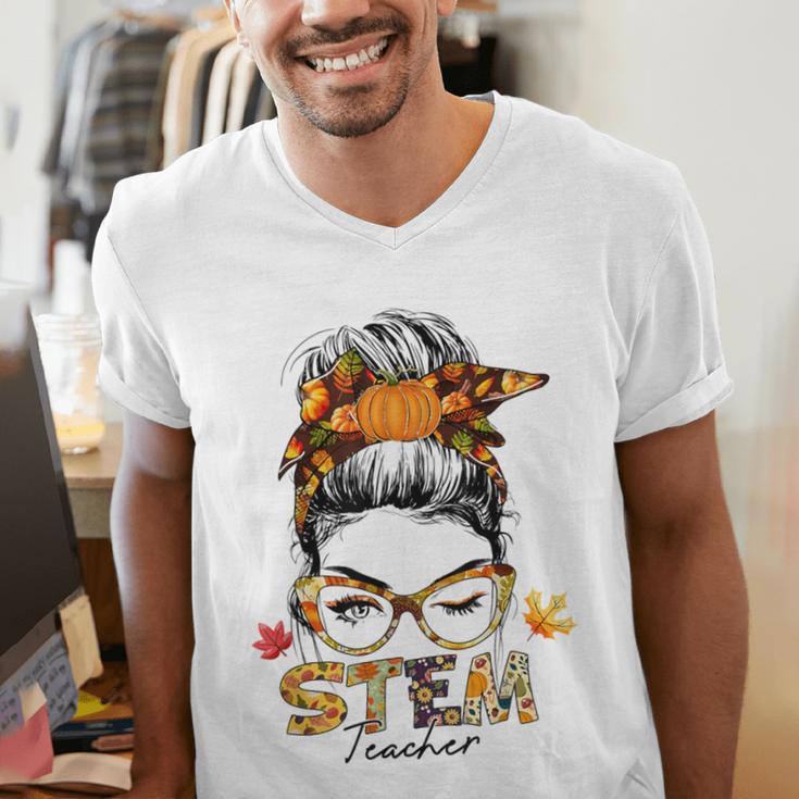 STEM Teacher Messy Bun Fall Vibes Autumn Thanksgiving Men Women Men's V-Neck T-Shirt, funny gift