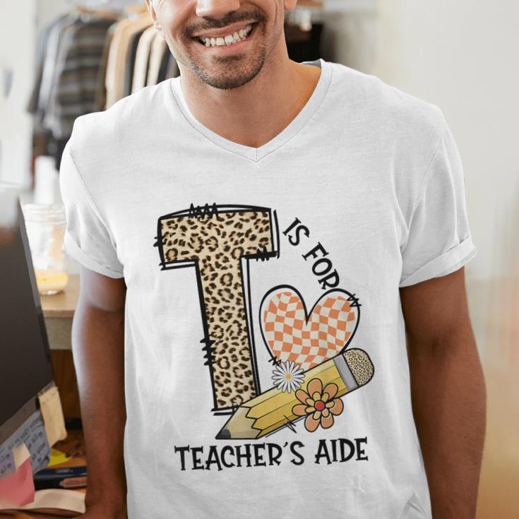 T Is For Teacher’s Aide Back To First Day Of School Leopard Men Women Girls Kids Men's V-Neck T-Shirt, funny gift