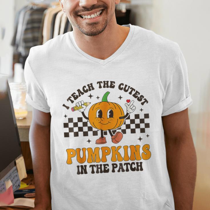 I Teach The Cutest Pumpkins In The Patch Groovy Teacher Fall Men's V-Neck T-Shirt, Groovy Teacher Shirts, funny gift I Teach The Cutest Pumpkins In The Patch Groovy Teacher Fall Men's V-Neck T-Shirt, Groovy Teacher Shirts, funny gift