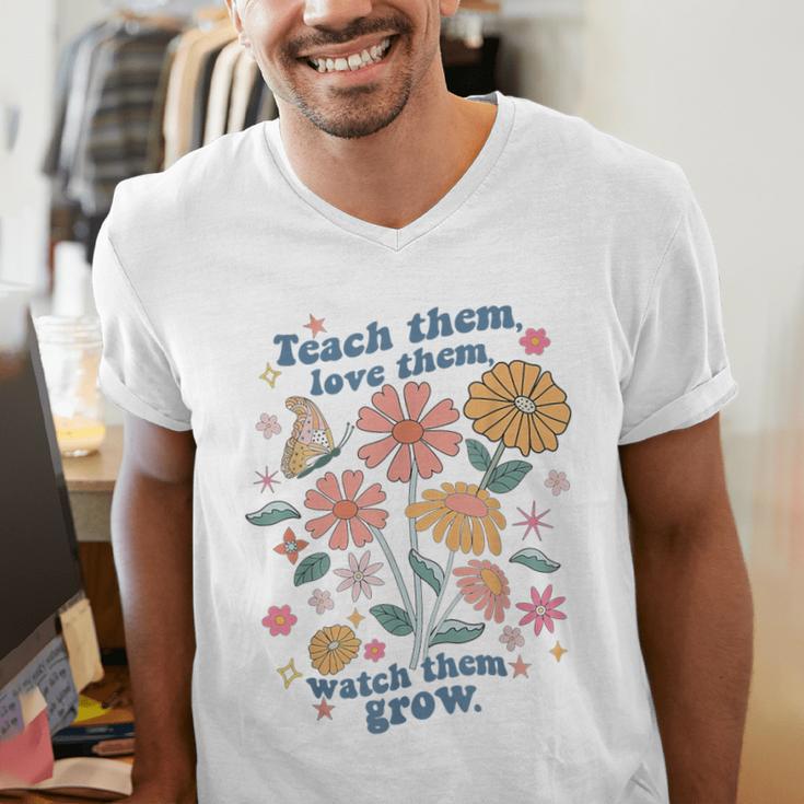 Teach Them Love Them Watch Them Grow Retro Teacher Floral Men's V-Neck T-Shirt, funny gift
