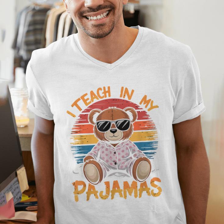 I Teach In My Pajamas Teacher Sunset Bear Retro Men's V-Neck T-Shirt, funny gift I Teach In My Pajamas Teacher Sunset Bear Retro Men's V-Neck T-Shirt, funny gift