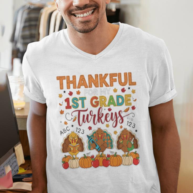Teach Thanksgiving Teacher Thankful For My 1st Grade Turkeys Men's V-Neck T-Shirt, funny gift