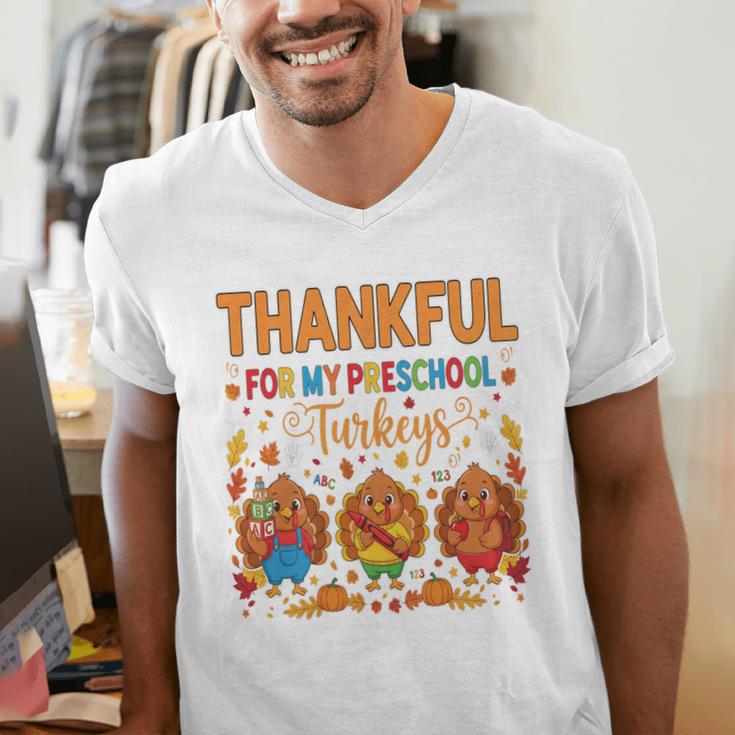 Teach Thanksgiving Teacher Thankful For My Preschool Turkeys Men's V-Neck T-Shirt, funny gift