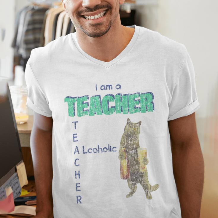I Am A Teacher Alcoholic Cat Beer Feline Men Women Men's V-Neck T-Shirt, funny gift