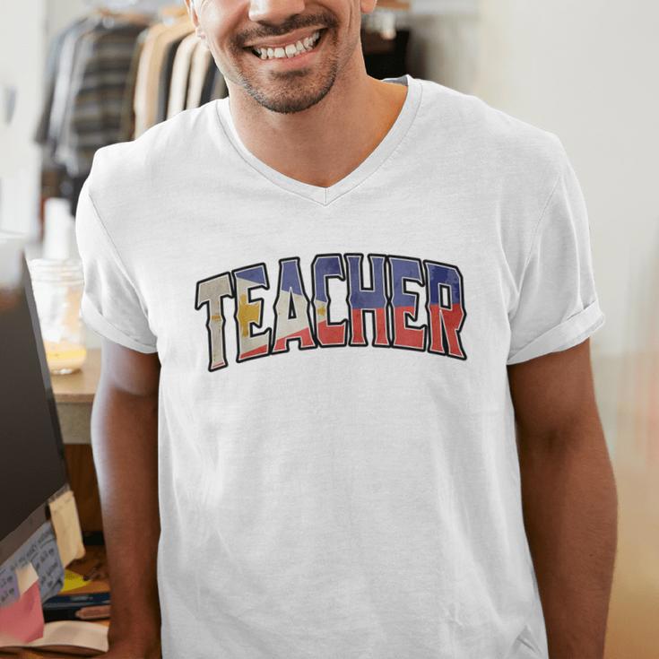 Teacher Filipino Vintage Heritage DNA Flag Men's V-Neck T-Shirt, funny gift