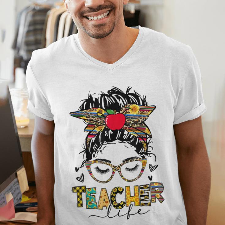 Teacher Life Messy Bun Glasses Leopard Sunflower Men's V-Neck T-Shirt, funny gift