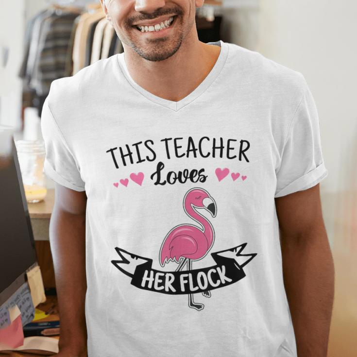 This Teacher Loves Her Flock Cute Flamingo Teacher Men's V-Neck T-Shirt, funny gift This Teacher Loves Her Flock Cute Flamingo Teacher Men's V-Neck T-Shirt, funny gift