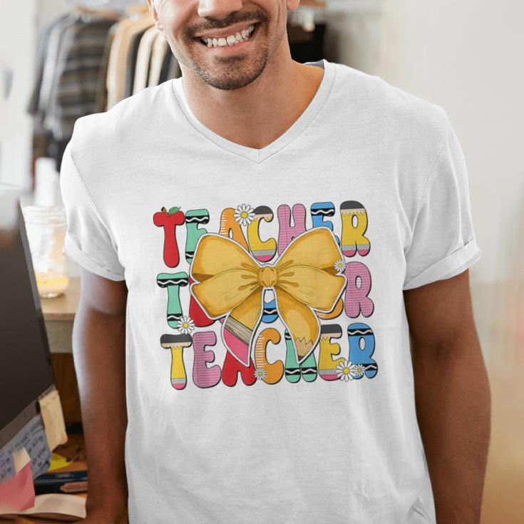 Teacher Pencil Coquette Bow Back To School Teacher Men's V-Neck T-Shirt, funny gift Teacher Pencil Coquette Bow Back To School Teacher Men's V-Neck T-Shirt, funny gift