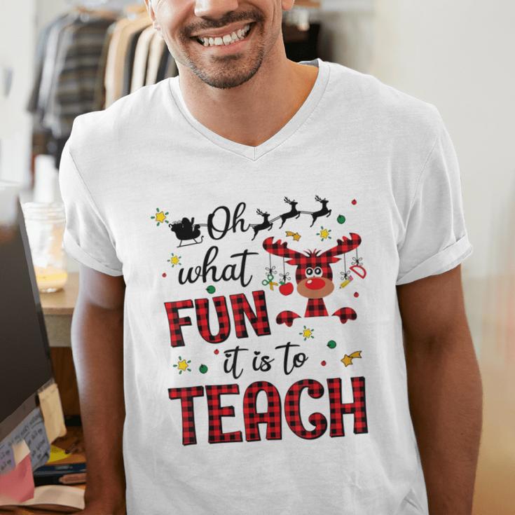 Teachers Oh What Fun It Is To Teach Cute Red Plaid Reindeer Men's V-Neck T-Shirt, funny gift Teachers Oh What Fun It Is To Teach Cute Red Plaid Reindeer Men's V-Neck T-Shirt, funny gift