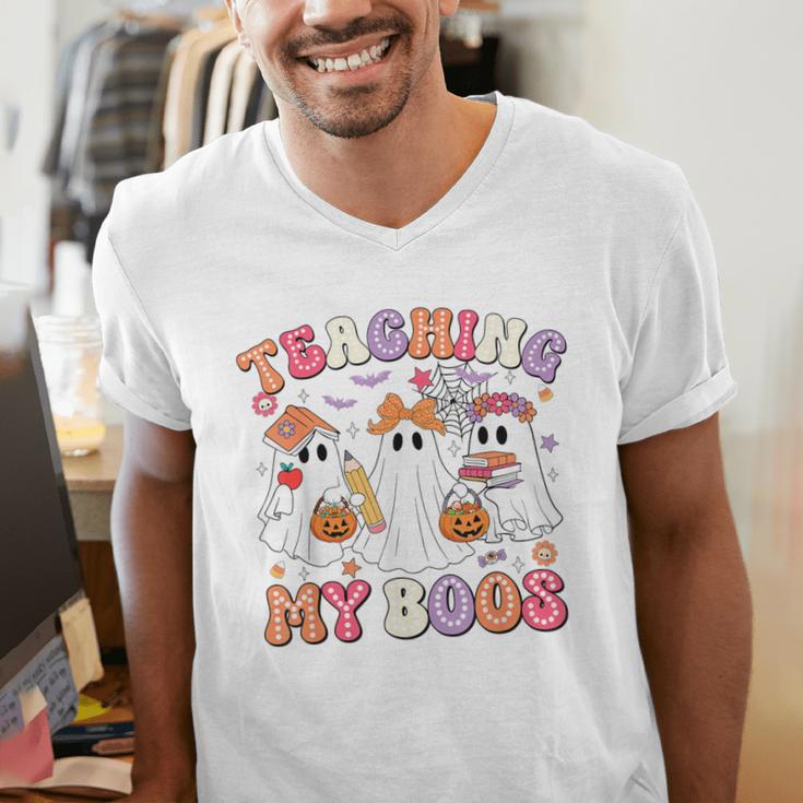 Teaching My Boos Cute Spooky Ghost Teacher Halloween Women Men's V-Neck T-Shirt, funny gift Teaching My Boos Cute Spooky Ghost Teacher Halloween Women Men's V-Neck T-Shirt, funny gift