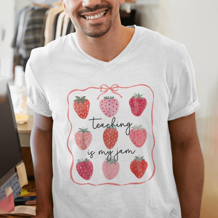 Teaching Is My Jam Teacher Team Crew Cute Strawberry Girls Men's V-Neck T-Shirt, funny gift