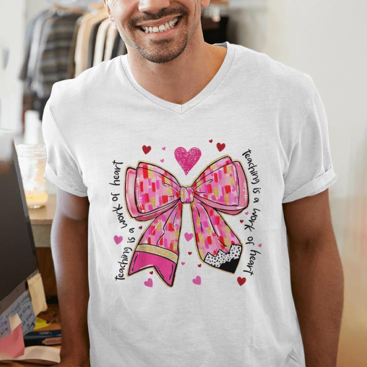 Teaching Is A Work Of Heart Pencil Bow Teacher Valentine Men's V-Neck T-Shirt, funny gift