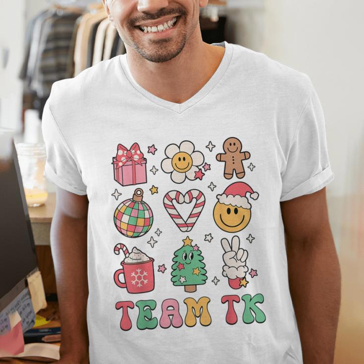 Team TK Teacher Christmas Groovy Smile Face Girl Boy Kid TK Men's V-Neck T-Shirt, Groovy Teacher Shirts, funny gift