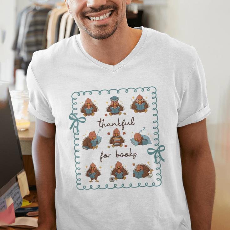 Thankful For Books Turkey Reading Book Lovers Fall Teacher Men's V-Neck T-Shirt, funny gift