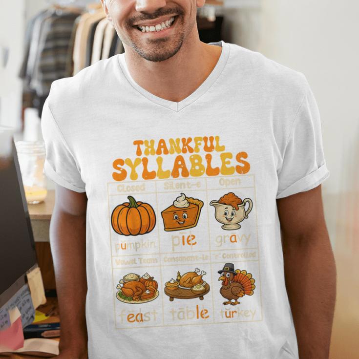 Thankful Syllables Teacher Thanksgiving Educational Kids Men's V-Neck T-Shirt, funny gift Thankful Syllables Teacher Thanksgiving Educational Kids Men's V-Neck T-Shirt, funny gift