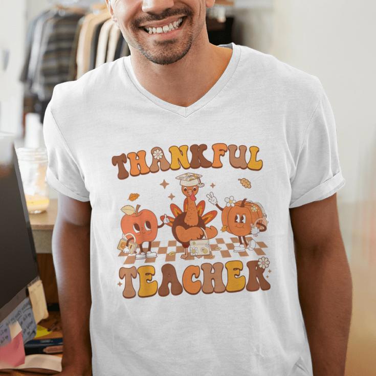 Thankful Teacher Retro Groovy Thanksgiving Fall Women Men Men's V-Neck T-Shirt, Groovy Teacher Shirts, funny gift Thankful Teacher Retro Groovy Thanksgiving Fall Women Men Men's V-Neck T-Shirt, Groovy Teacher Shirts, funny gift