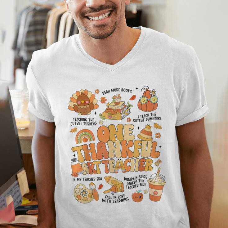 Thanksgiving One Thankful Art Teacher Fall Groovy Men Women Men's V-Neck T-Shirt, Groovy Teacher Shirts, funny gift