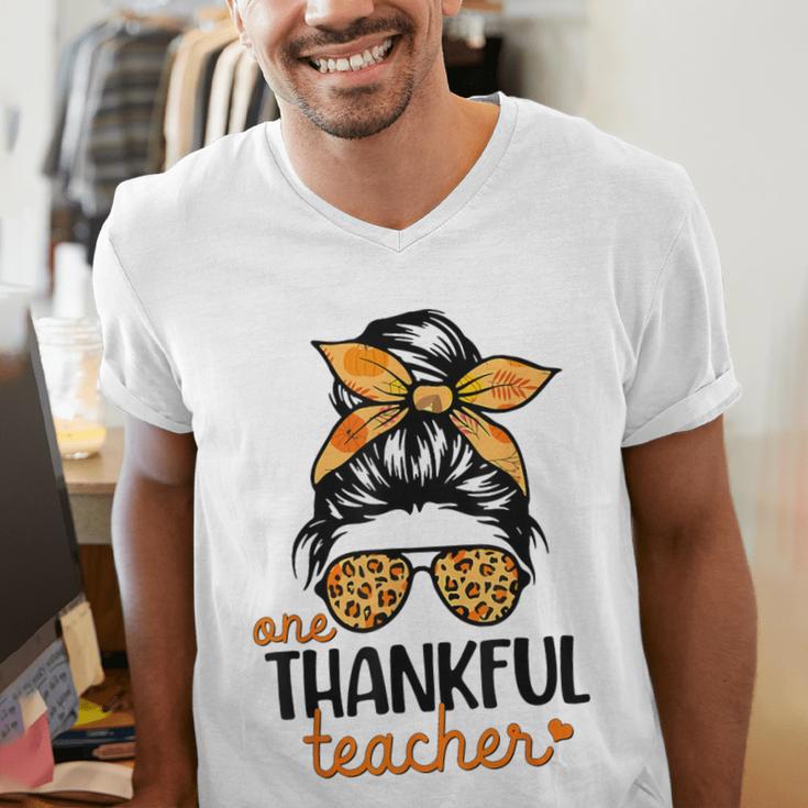 Thanksgiving Shirt Teacher Women Messy Bun Thankful Teacher Men's V-Neck T-Shirt, funny gift Thanksgiving Shirt Teacher Women Messy Bun Thankful Teacher Men's V-Neck T-Shirt, funny gift