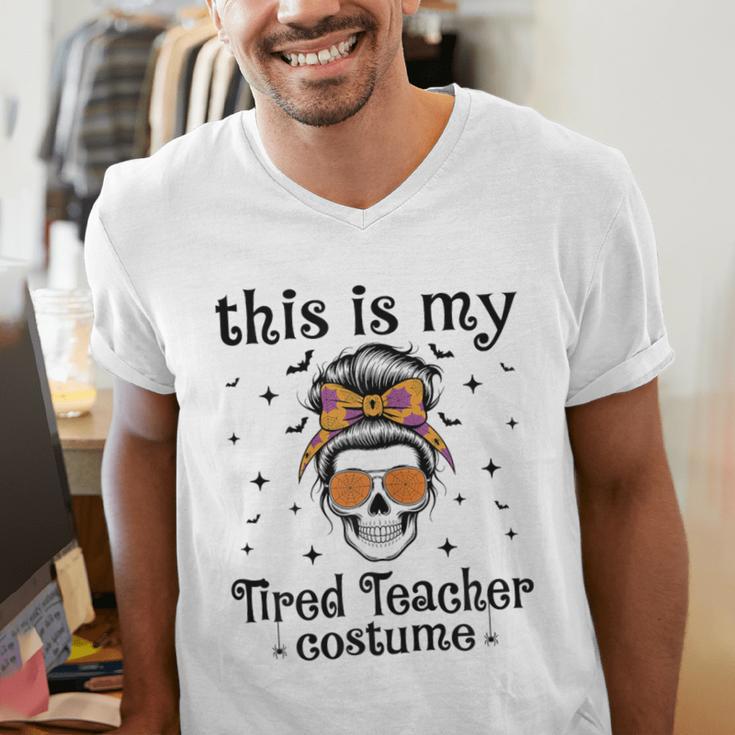 This Is My Tired Teacher Costume Skull Halloween Messy Bun Men's V-Neck T-Shirt, funny gift This Is My Tired Teacher Costume Skull Halloween Messy Bun Men's V-Neck T-Shirt, funny gift