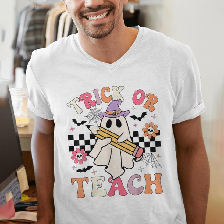 Trick Or Teach Groovy Teacher Halloween Retro Floral Ghost Men's V-Neck T-Shirt, Groovy Teacher Shirts, funny gift Trick Or Teach Groovy Teacher Halloween Retro Floral Ghost Men's V-Neck T-Shirt, Groovy Teacher Shirts, funny gift