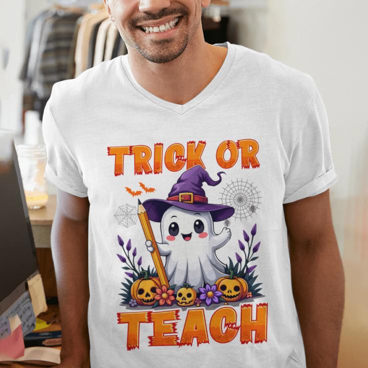 Trick Or Teach Teacher Halloween Ghost Pencil Floral Men's V-Neck T-Shirt, funny gift Trick Or Teach Teacher Halloween Ghost Pencil Floral Men's V-Neck T-Shirt, funny gift