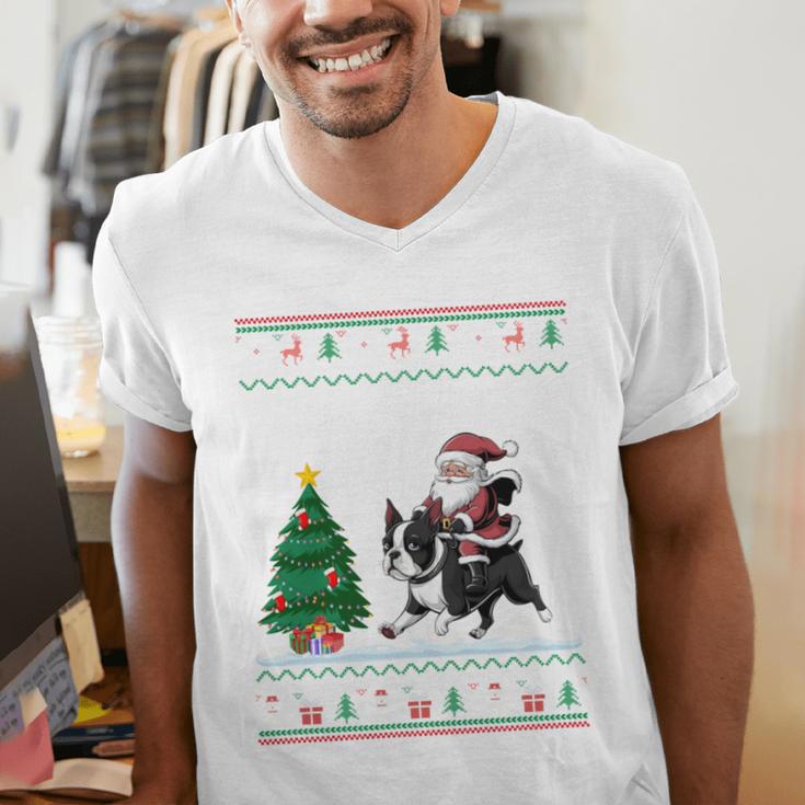 Ugly Christmas Tree Lights Xmas Santa Riding Boston Terrier Men's V-Neck T-Shirt, Boston Terrier Christmas Shirts, Boston Terrier Riding Shirts, funny gift