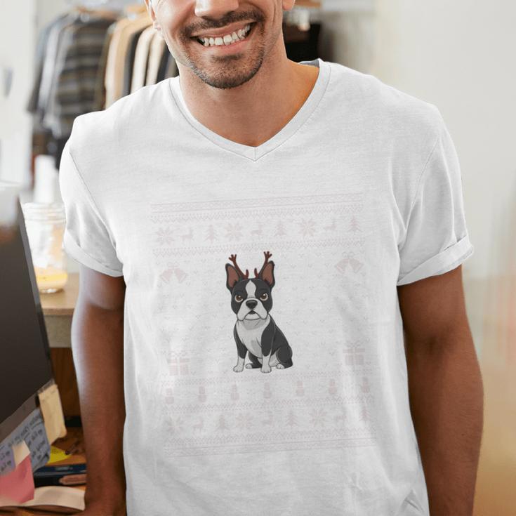 Ugly Xmas Sweater Style Boston Terrier Reindeer Christmas Men's V-Neck T-Shirt, Boston Terrier Christmas Shirts, funny gift