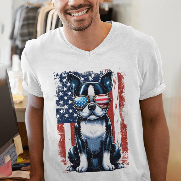Vintage Boston Terrier Dog American US USA Flag Pets Dogs Men's V-Neck T-Shirt, American Boston Terrier Shirts, funny gift