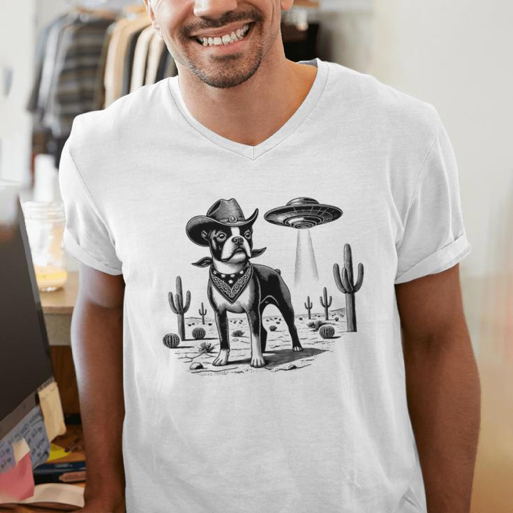 Vintage Boston Terrier UFO Western Wild West Dog Mom Dad Men's V-Neck T-Shirt, Boston Terrier Dad Shirts, Boston Terrier Mom Shirts, funny gift