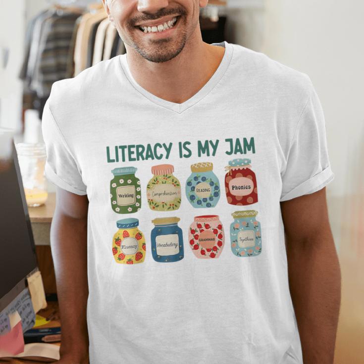 Women Literacy Is My Jam Literacy Teacher Reading Teacher Men's V-Neck T-Shirt, funny gift Women Literacy Is My Jam Literacy Teacher Reading Teacher Men's V-Neck T-Shirt, funny gift