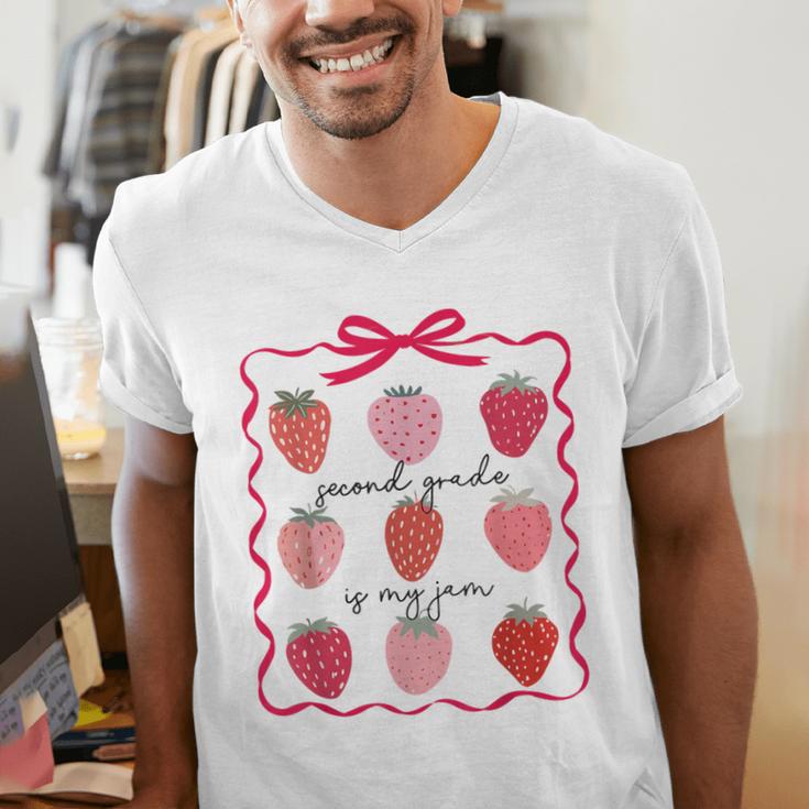 Women Second Grade Is My Jam Strawberry First Kids Teacher Men's V-Neck T-Shirt, First Grade Teacher Shirts, funny gift