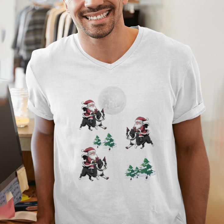 Xmas Tree Santa Riding Boston Terrier Christmas Men's V-Neck T-Shirt, Boston Terrier Christmas Shirts, Boston Terrier Riding Shirts, funny gift