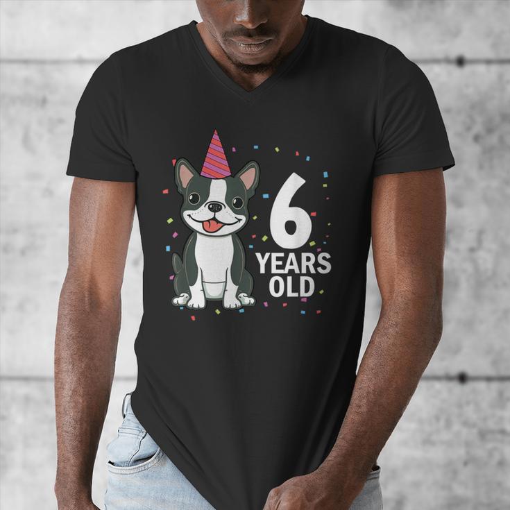 6 Years Old Birthday Boston Terrier Dog Lover 6th Party Kid Men's V-Neck T-Shirt, funny design