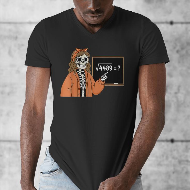 67 Math Teacher Skeleton Halloween Root 4489 Messy Bun Women Men's V-Neck T-Shirt, funny design