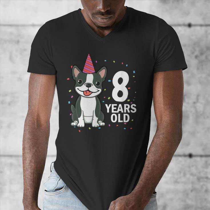 8 Years Old Birthday Boston Terrier Dog Lover 8th Party Kid Men's V-Neck T-Shirt, funny design