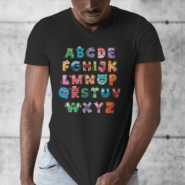 ABC Cute Monster Alphabet Halloween Teacher Costume Kids Men's V-Neck T-Shirt, funny design