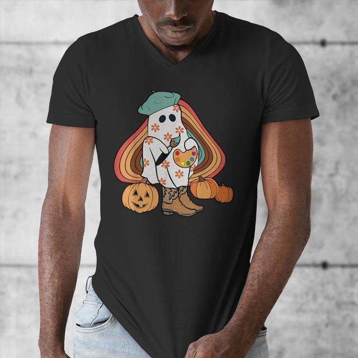Art Teacher Painting Brushes Retro Pumpkin Ghost Artist Men's V-Neck T-Shirt, funny design