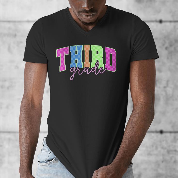 Back To School Neon Checkered Third Grade Colorful Teacher Men's V-Neck T-Shirt, funny design