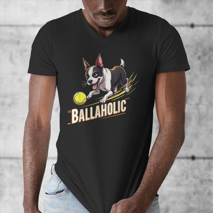 Ballaholic Boston Terrier Dog Chasing Bostie Ball Men's V-Neck T-Shirt, funny design