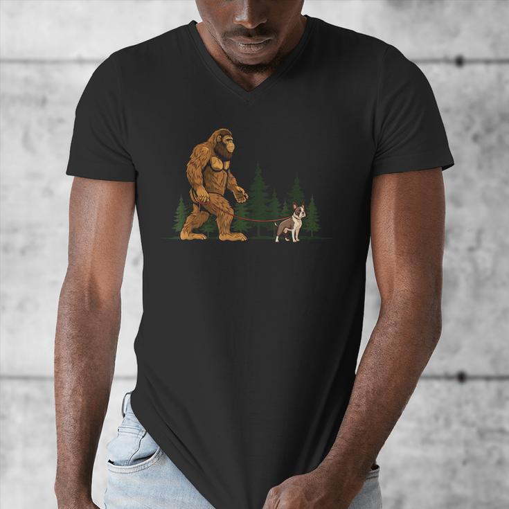 Boston Terrier Bigfoot Dog Walking Dog Mom Dad Kids Men's V-Neck T-Shirt, Couple Gifts, Mom Gifts, Boston Terrier Dad Gifts, Boston Terrier Mom Gifts, funny design