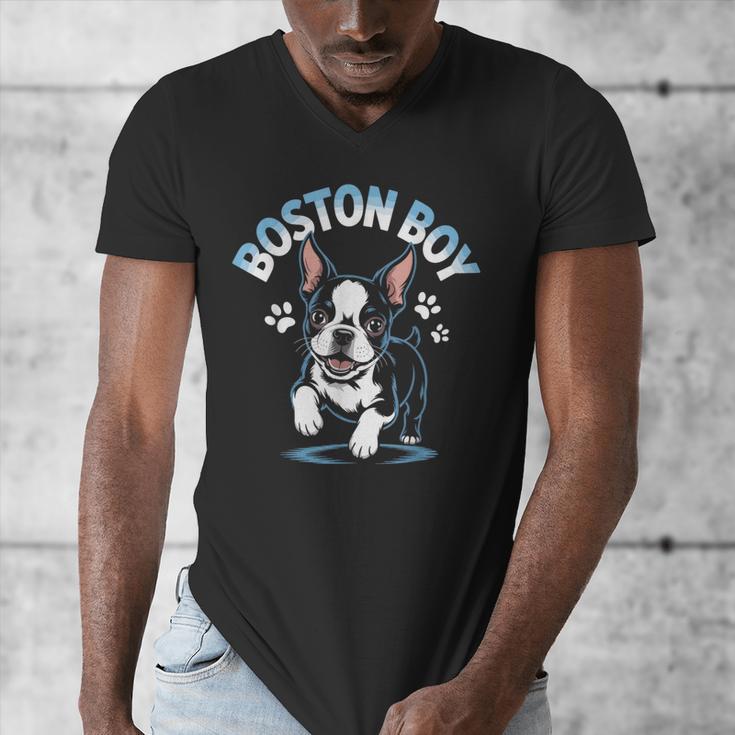Boston Terrier Boy Cute Cartoon Dog Owner Pet Boston Terrier Men's V-Neck T-Shirt, funny design