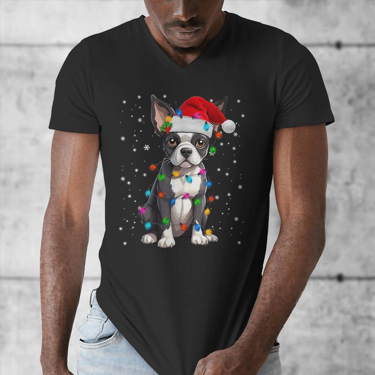 Boston Terrier Christmas Santa Hat Tree Lights Pajama Men's V-Neck T-Shirt, Boston Terrier Christmas Gifts, funny design